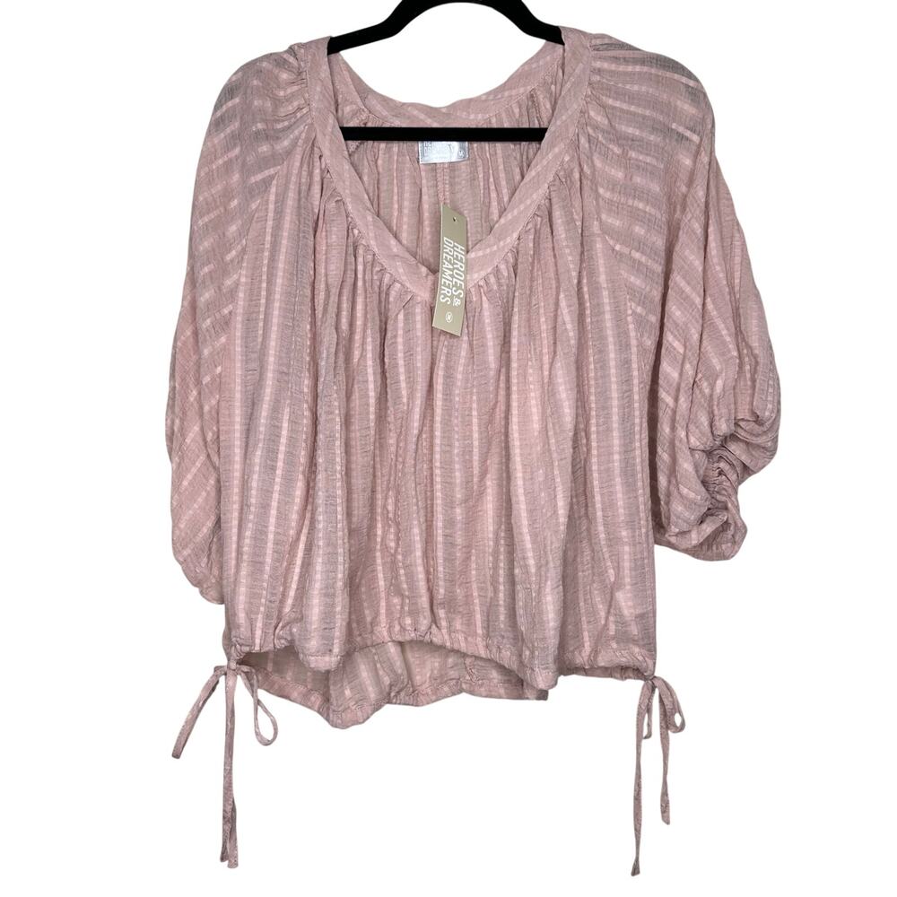 Heroes & Dreamers Seersucker Gauze Peasant Blouse Top V Neck Short Sleeves Pink
